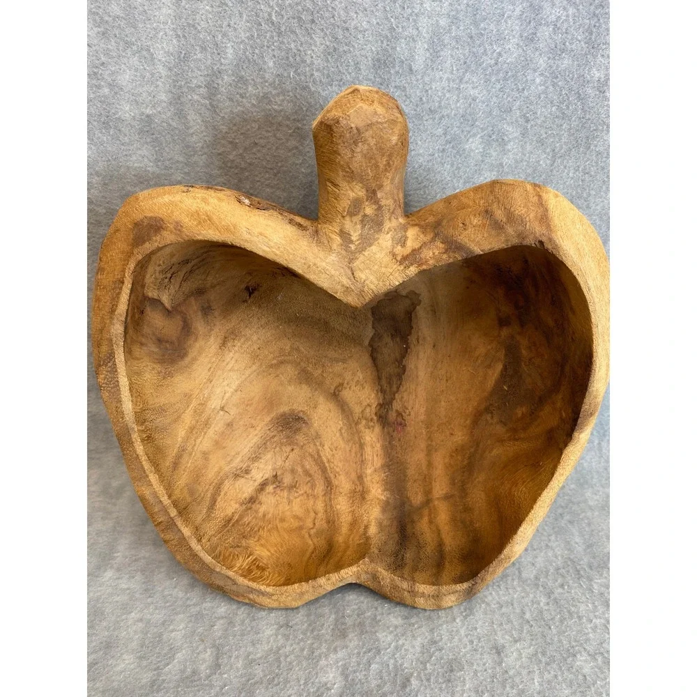 VTG Hand Carved Wooden Apple Shaped Bowl Dish Decorative Fruit Rustic Home Decor